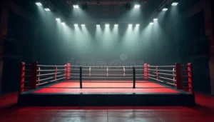The Raptors Muay Thai boxing ring with red and black ropes, gym branding, and training equipment surrounding the ring.