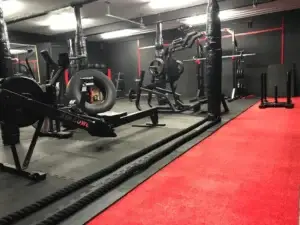 Raptors Muay Thai gym interior displaying punch bags, free weights, boxing ring, and strength and conditioning equipment.